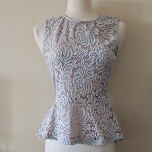 BCBGMaxAzria Gray Lace Peplum Blouse